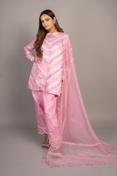 lace pastel cotton satin dupatta set